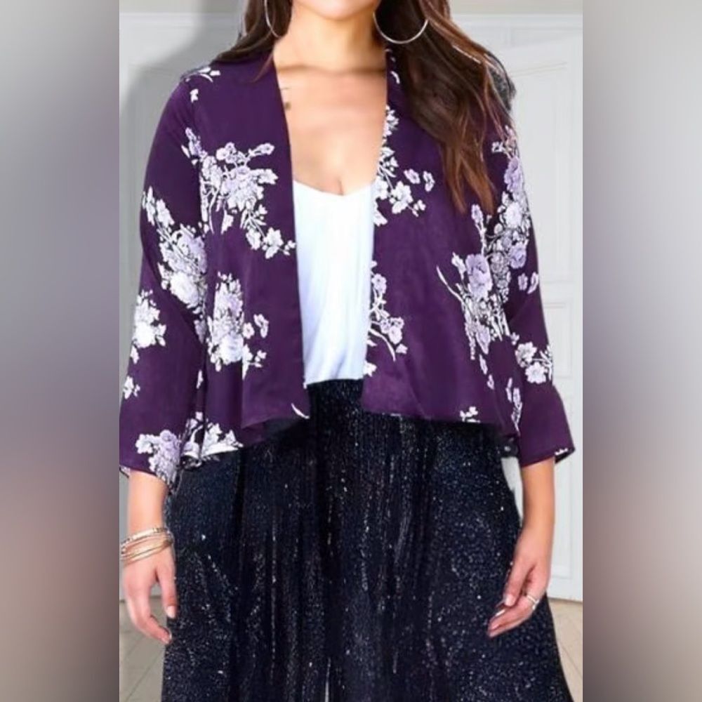 Torrid Floral 3/4 Length Sleeve Open Front Kimono Size 1/2 Purple NWOT
